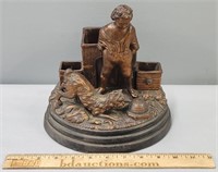 Antique Continental Pottery Smoking Stand Boy &Dog