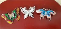 3 Enamelled Butterfly brooches