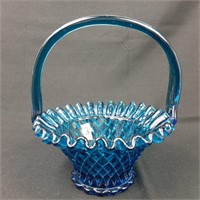 Cobalt blue ruffled rim art glass basket
