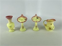 4 Pieces of Hand Painted Fenton Burmese Glass