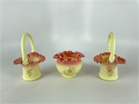 3 Pieces of Hand Painted Fenton Burmese Glass