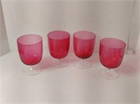 4 Antique Cranberry &Clear Stem Wine Glasses U16B