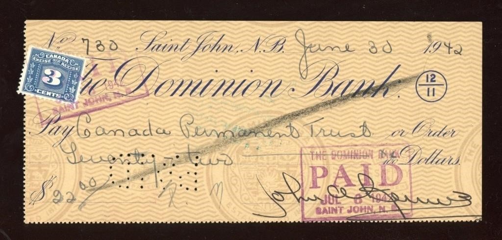 1942 Saint John NB Bank Cheque