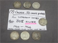 (7) Silver Canada 50 Cent Coins 1960--66