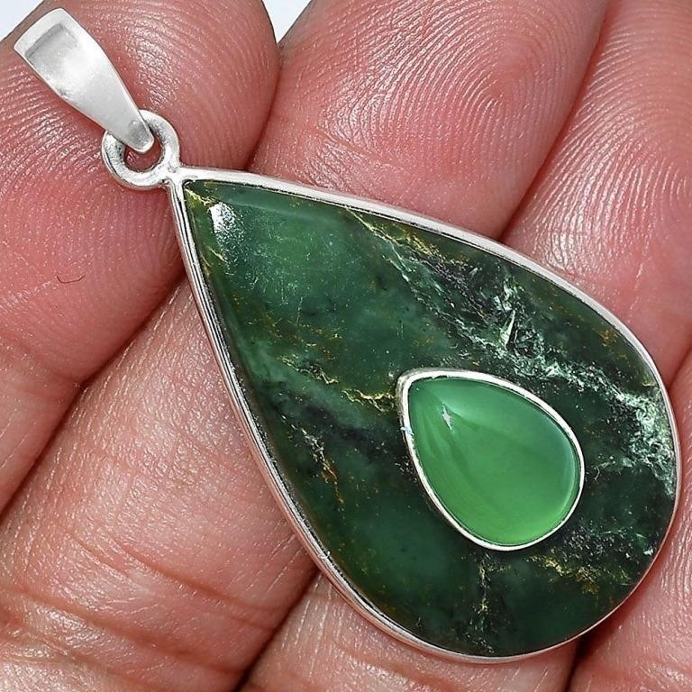 925 Green Fuchsite and Green Onyx Pendant