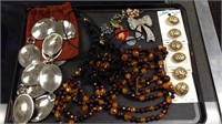 Tray lot of costume jewelry with buttons,