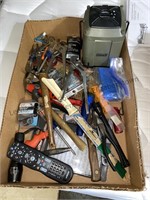 Box lot of small tools and Coleman battery