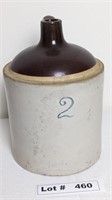 ANTIQUE 2 GAL STONEWARE BROWN TOP WHISKEY CROCK JU