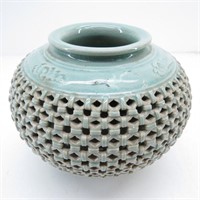 Signed Korean Celadon Lattice Weave Vase