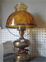Vtg. 1940's Brass Lamp w/Amber Glass Shade
