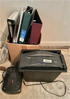 Paper shredder, box of binders, battery backup