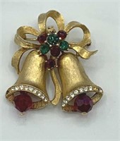 Vintage WEISS Christmas Bells Rhinestone 2” Brooch