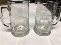 2 vintage nautical themed glass beer mugs