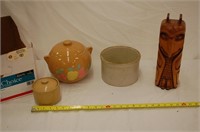 Crocks, Cookie Jar & Carved Wood Owl