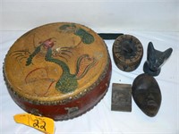 HAND-PAINTED DRUM, EGYPTIAN CAT CARVED FROM