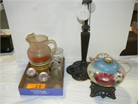 ANTIQUE LAMP BASE, OIL LAMP BASE, DECORATED WATER