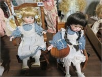 2 porcelain dolls - schooldesk & rocker