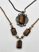 Two Elegant Tiger's Eye Pendant Necklaces