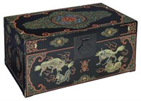 CHINESE BLACK LACQUER DRAGON DECORATED TRUNK