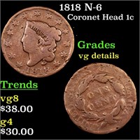1818 N-6 Coronet Head Large Cent 1c Grades vg deta