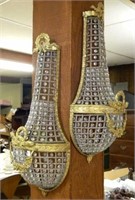 French Empire Style Gilt Crystal Drop Sconces.