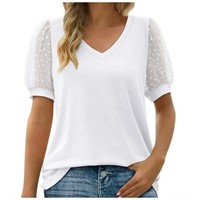 XL Womens Puff Sleeve Mesh Lace Top (XL, White)