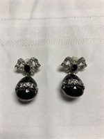 Vintage silver tone and black enamel earrings