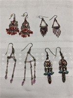 Lot of 4 silver tone w multicolored beads earrings