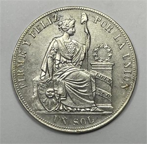 PERU: 1885 Un Sol (Crown Size) AU details