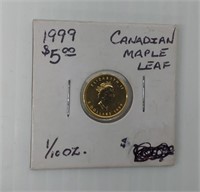 1999 1/10th oz .9999 Canadian $5 gold coin