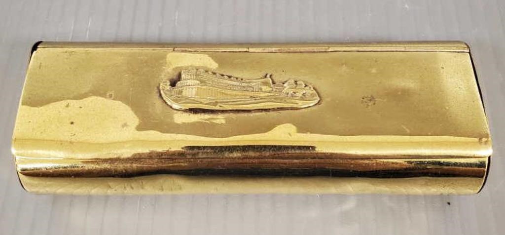 Antique military brass tobacco box, match strike