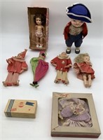 8 Dolls,3 with Crepe paper,Suitcase,Ginny/Box