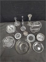 Group of glass snack trays, ashtray, bowls,