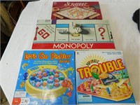 5 games, Bingo set, Monopoly, Trouble etc