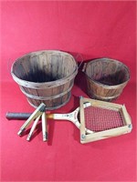 Vintage Bushel Baskets, Ruler, Tennis Racket