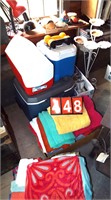 3 coolers, 2 boxes towels, wrought