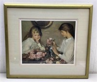 * Framed/matted print Two girls w/ Flower