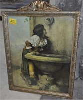 ANTIOUE FRAME PRINT GIRL AT THE FOUNTAIN