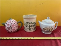 Two Tea Pots and a Pickle Crock
