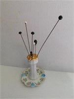 Hand painted china hat pin holder w/ few hat pins