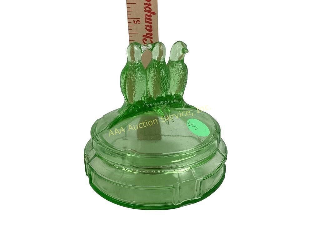 Uranium green depression glass dresser jar birds