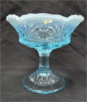 Fenton Blue Opalescent Eye & Scroll 5" T Compote