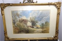 FARM SCENE WATER COLOR W/BRASS TABLE EASEL 13" X