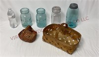 Antique Blue & Clear Jars, Small Baskets