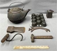 Country Kitchen & Tools Lot; Cast Iron Kettle etc