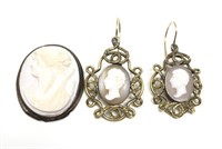 Victorian Cameo Earrings & (damaged) Brooch