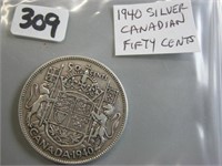 1940 Silver Canadian Fifty Cents Coin