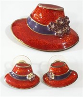 Enameled Red Hat Society Brooch & Earrings