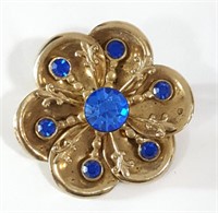 Vintage Signed CORO Flower Brooch, Blue Stones