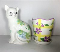 Glazed Ceramic Cat & Flower Pot